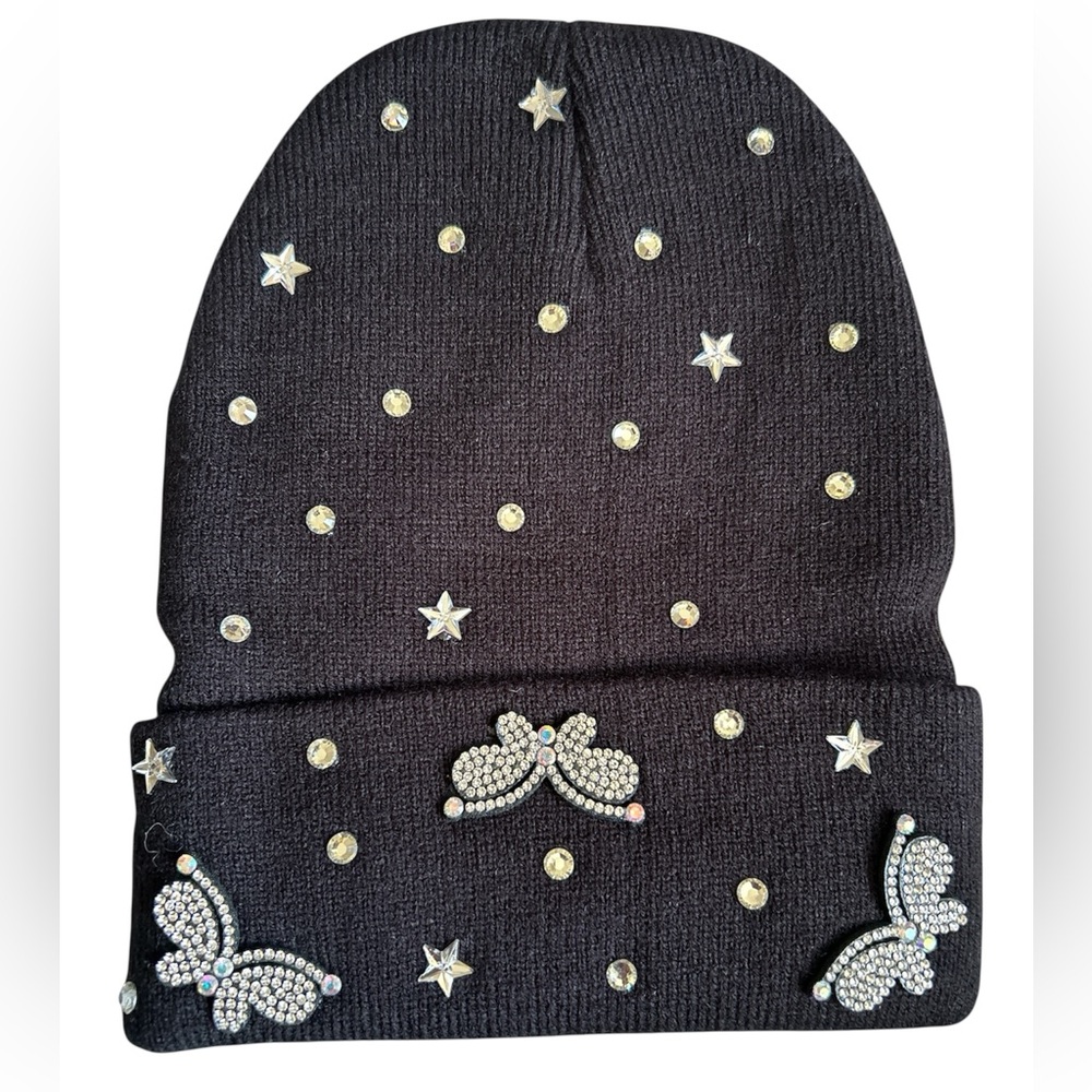 Black Rhinestone Butterfly Beanie Sparkly Women’s Knit Winter Hat